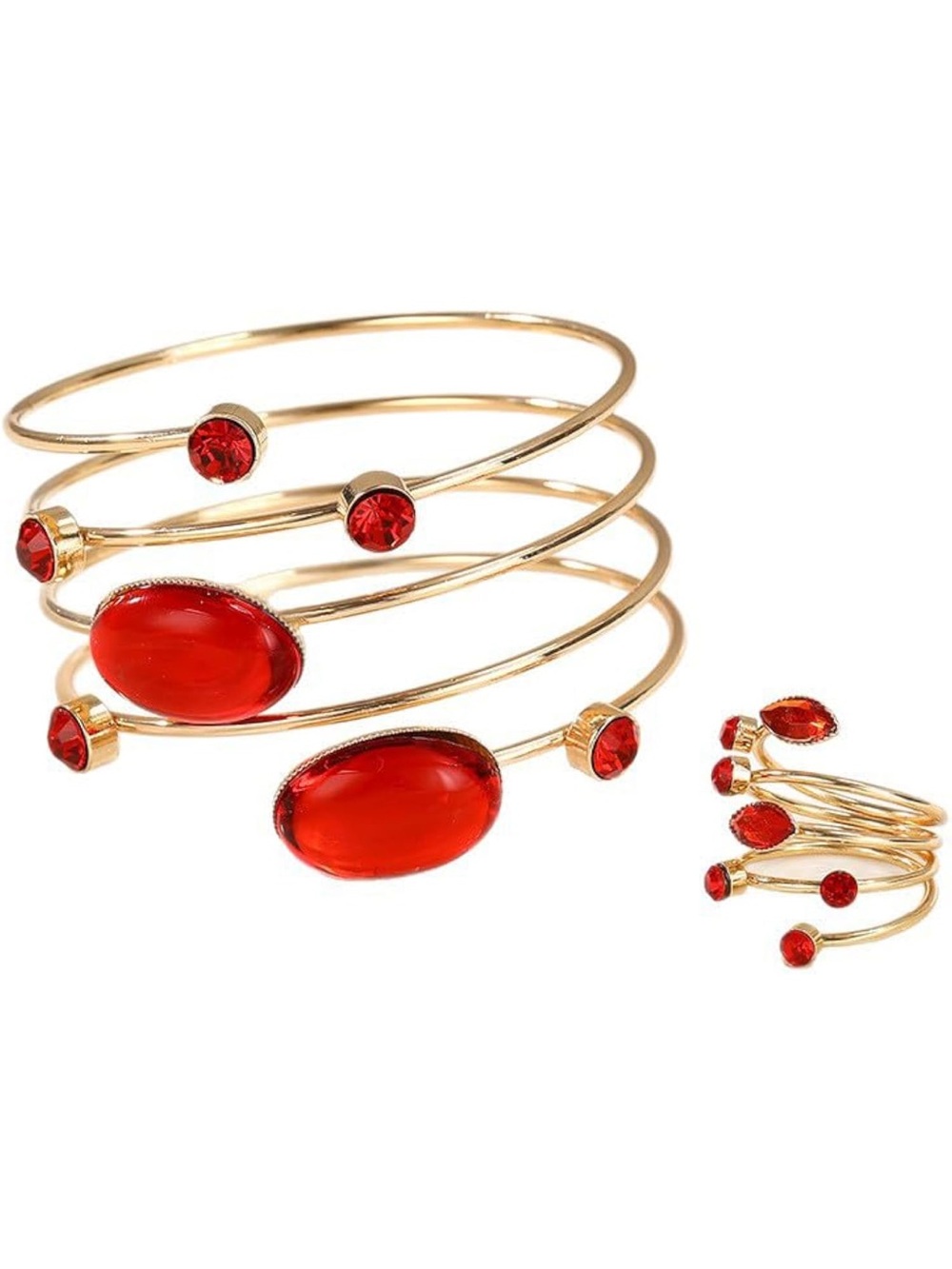 Anthropologie Gold-Tone Spiral Cuff Bracelet with Red Cabochons